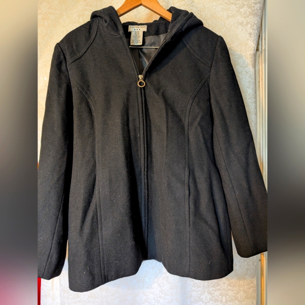 Winter Large (14-16)Black Wool Blend‎ Coat Zip Jacket Hood & Pockets Covington